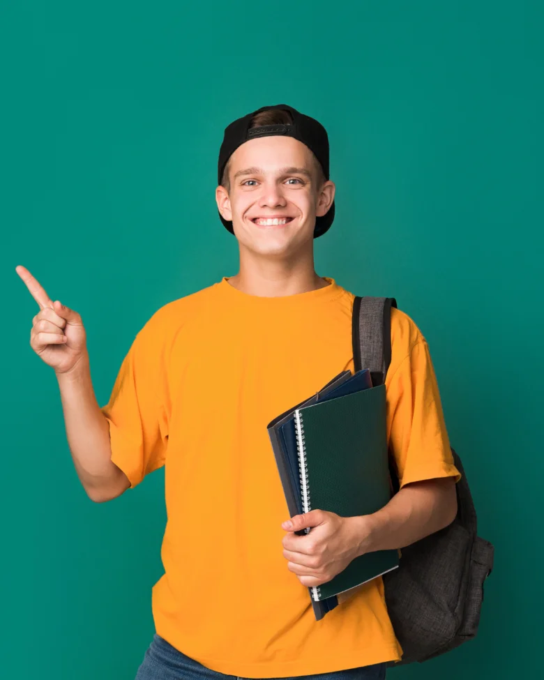 Smiling student with bag and books