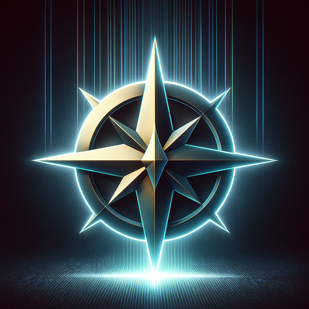 A glowing, metallic compass rose with eight points, illuminated by vertical beams of blue-white light against a dark, futuristic background.